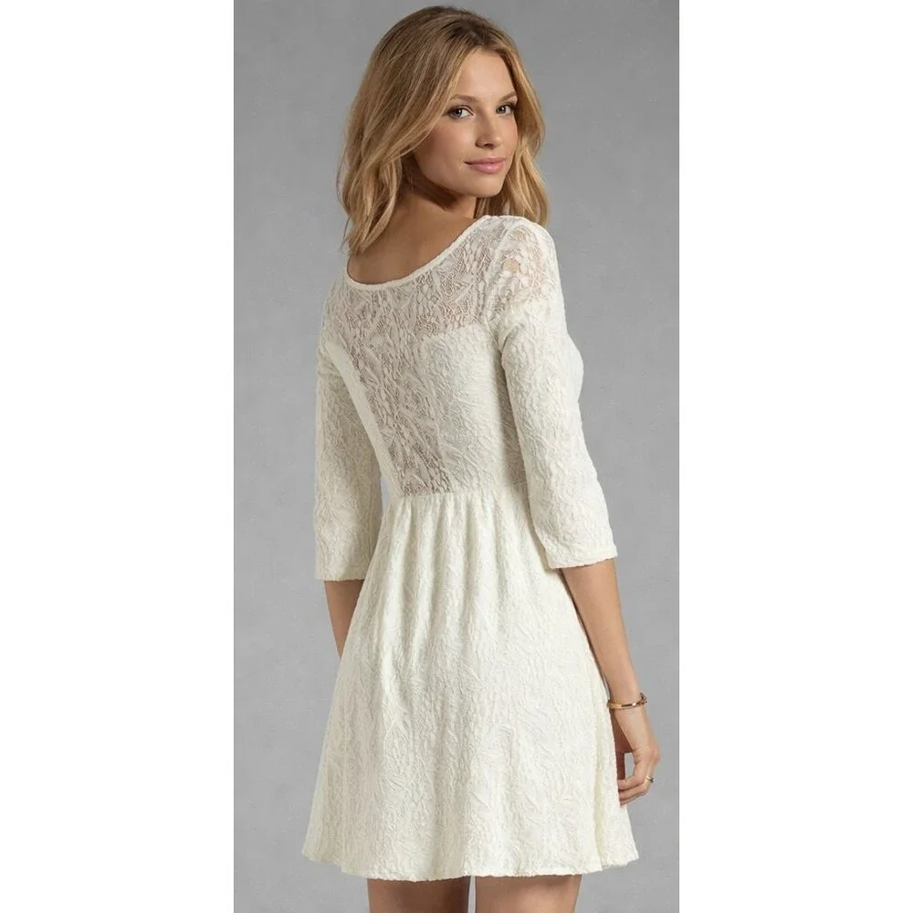 Free People Cream Lace Mini Dress 3/4 Sleeve Fit & Flare Boho Wedding Guest M